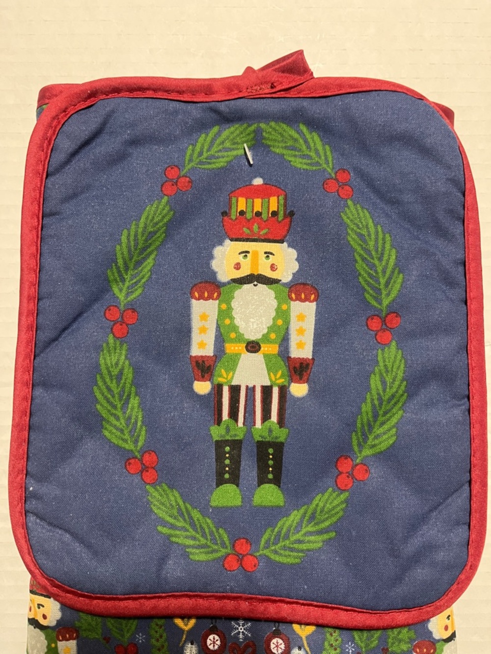Nutcracker Holiday Oven Mitt and Pot Holder Set - Navy with Red Trim